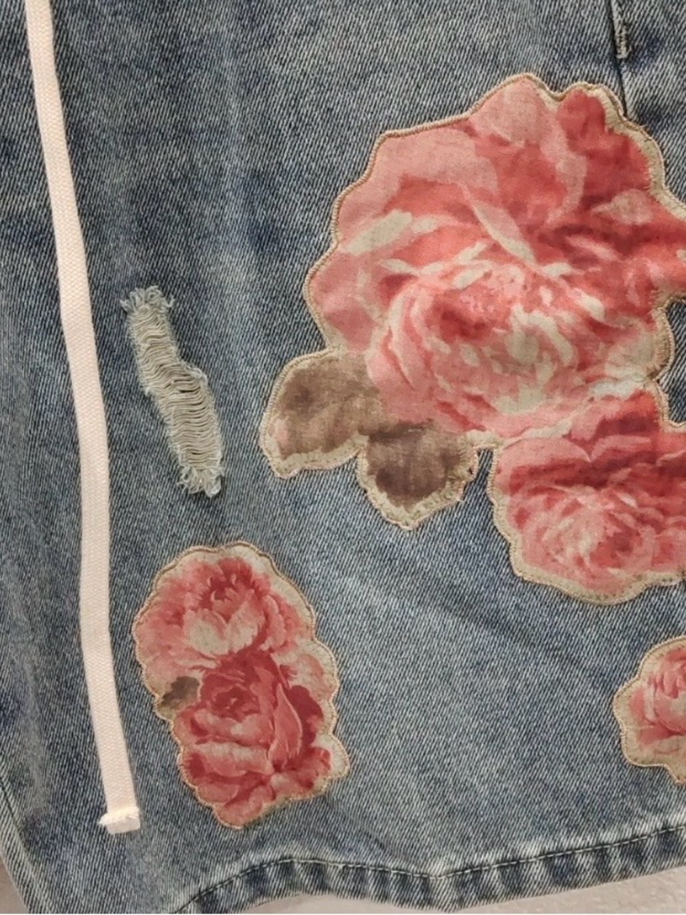 Embroidered Floral Denim Drawstring Shorts - Blue - Picture 5 of 8
